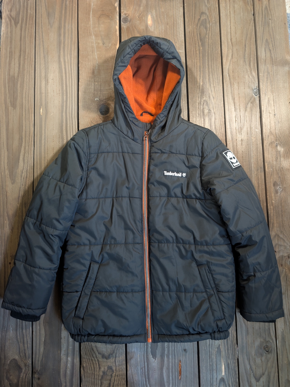 Timberland Youth Black Puffer Jacket with Dark Orange Lining 14-16